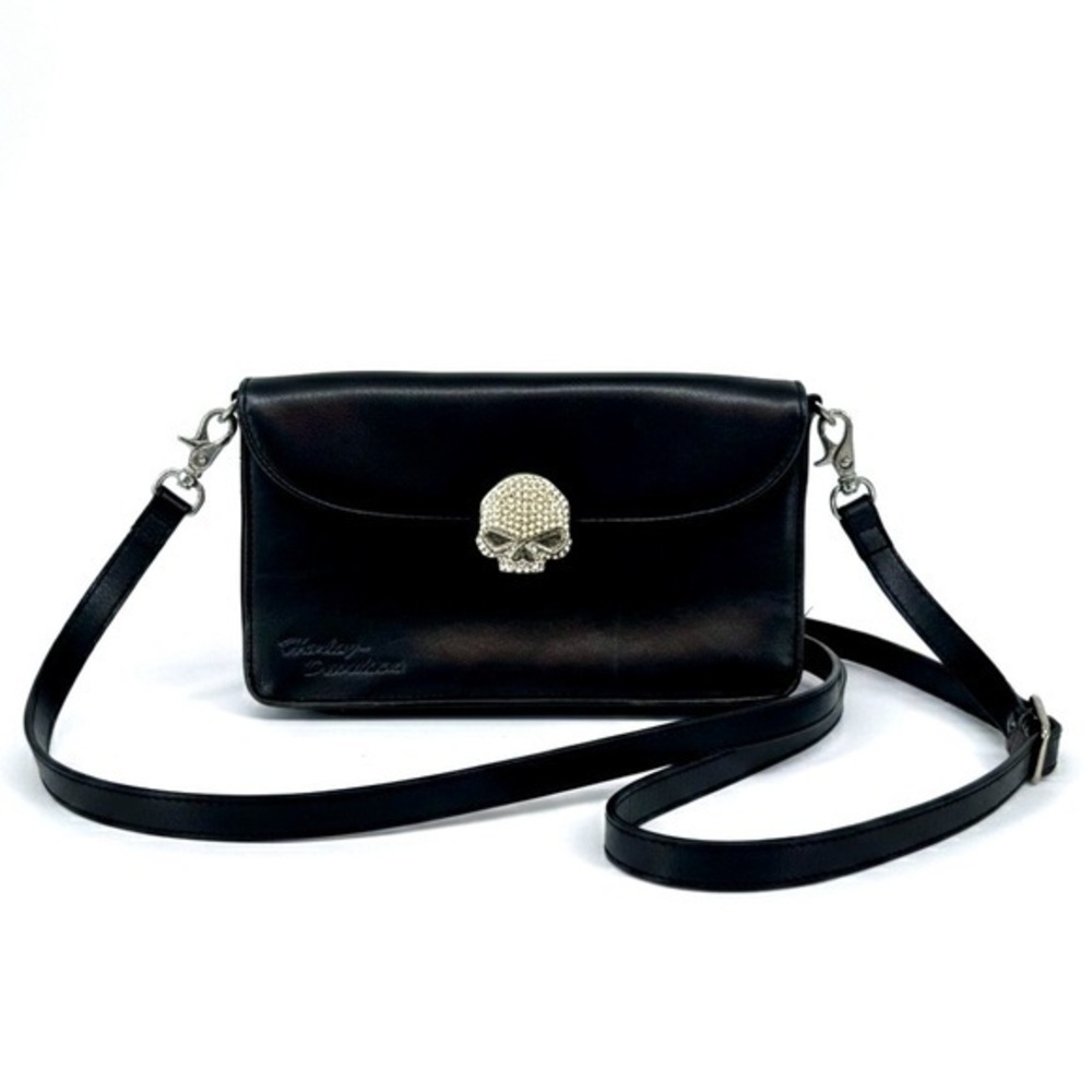 HARLEY-DAVIDSON Black Leather Rhinestone Skull Crossbody Bag Clutch